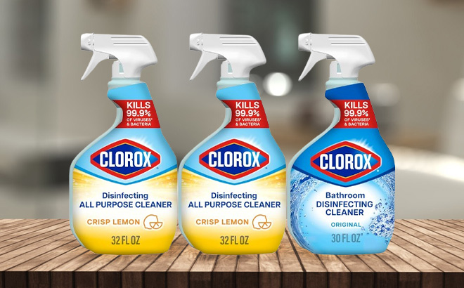 Clorox Disinfecting All Purpose Cleaners and Disinfecting Bathroom Cleaner on the Table