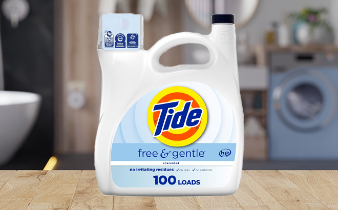 Tide Free Gentle Liquid Laundry Detergent 100 Loads on a Bathroom Counter
